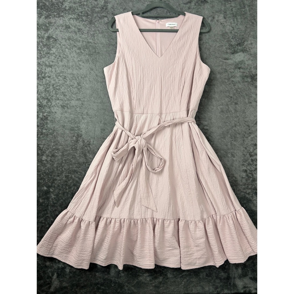 Calvin Klein Pink Textured Sleeveless V-Neck Tiered Ruffle Fit & Flare Dress 8